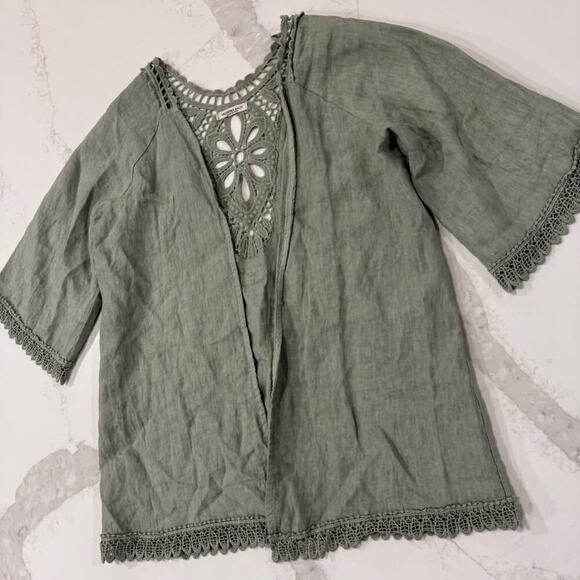 Valentina Naldi Italy OpenFront Linen Crochet Kimono Jacket Womens OS Sage Green - Picture 2 of 10